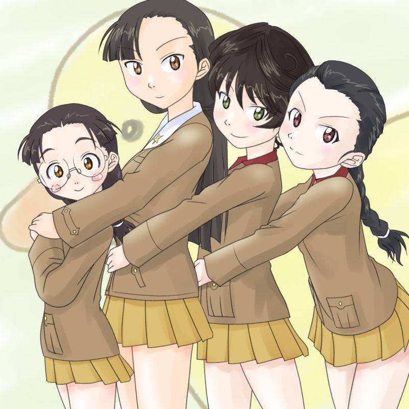4girls bird black_hair braid brown_eyes brown_hair brown_jacket chi-hatan_military_uniform collar double_bun duck fukuda_haru girls_und_panzer glass green_eyes hair_bun hands_on_another&#039;s_shoulders hands_on_another&#039;s_waist hosomi_shizuko jacket long_braid long_hair looking_at_viewer miniskirt multiple_girls nishi_kinuyo pleated_skirt red_collar red_eyes round_eyewear rubber_duck skirt smile t_jiroo_(ringofriend) tamada_tamaki twin_braids white_collar yellow_skirt