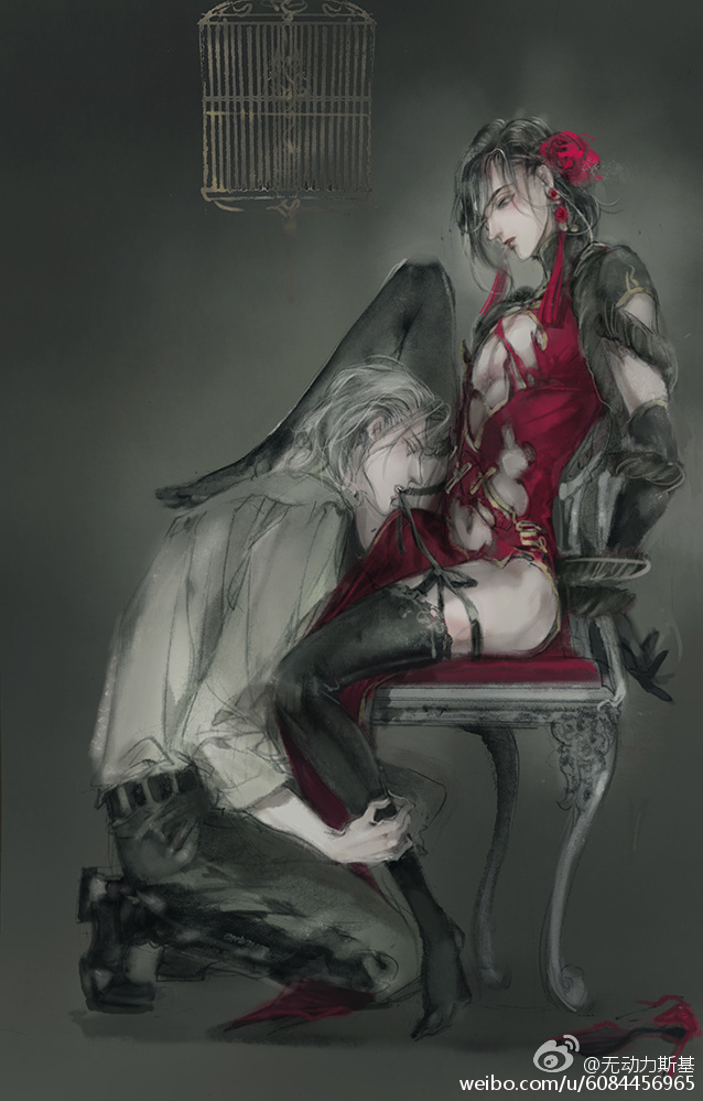 2boys alternate_costume alternate_hair_color alternate_hair_length alternate_hairstyle bdsm belt birdcage black_belt black_gloves black_hair black_pants black_ribbon black_shoes black_thighhighs blush bondage bound bound_arms cage chair china_dress chinese_clothes cleavage_cutout closed_eyes clothing_cutout crossdressing dress earrings elbow_gloves faux_traditional_media flower foot_on_another&#039;s_shoulder from_side gloves grey_eyes grey_hair hair_flower hair_ornament high_heels holding_another&#039;s_leg jewelry kcllzas163 knee_up kneeling lan_wangji leg_grab long_hair looking_at_another makeup male_focus modao_zushi mouth_hold multiple_boys navel on_chair pants pectorals pelvic_curtain profile red_dress red_flower revealing_clothes ribbon ribbon_in_mouth shirt shoes short_hair side_slit sitting tassel tassel_earrings teeth_hold thighhighs thighs third-party_source torn_clothes trap undressing_another watercolor_effect watermark wei_wuxian weibo_watermark white_shirt yaoi