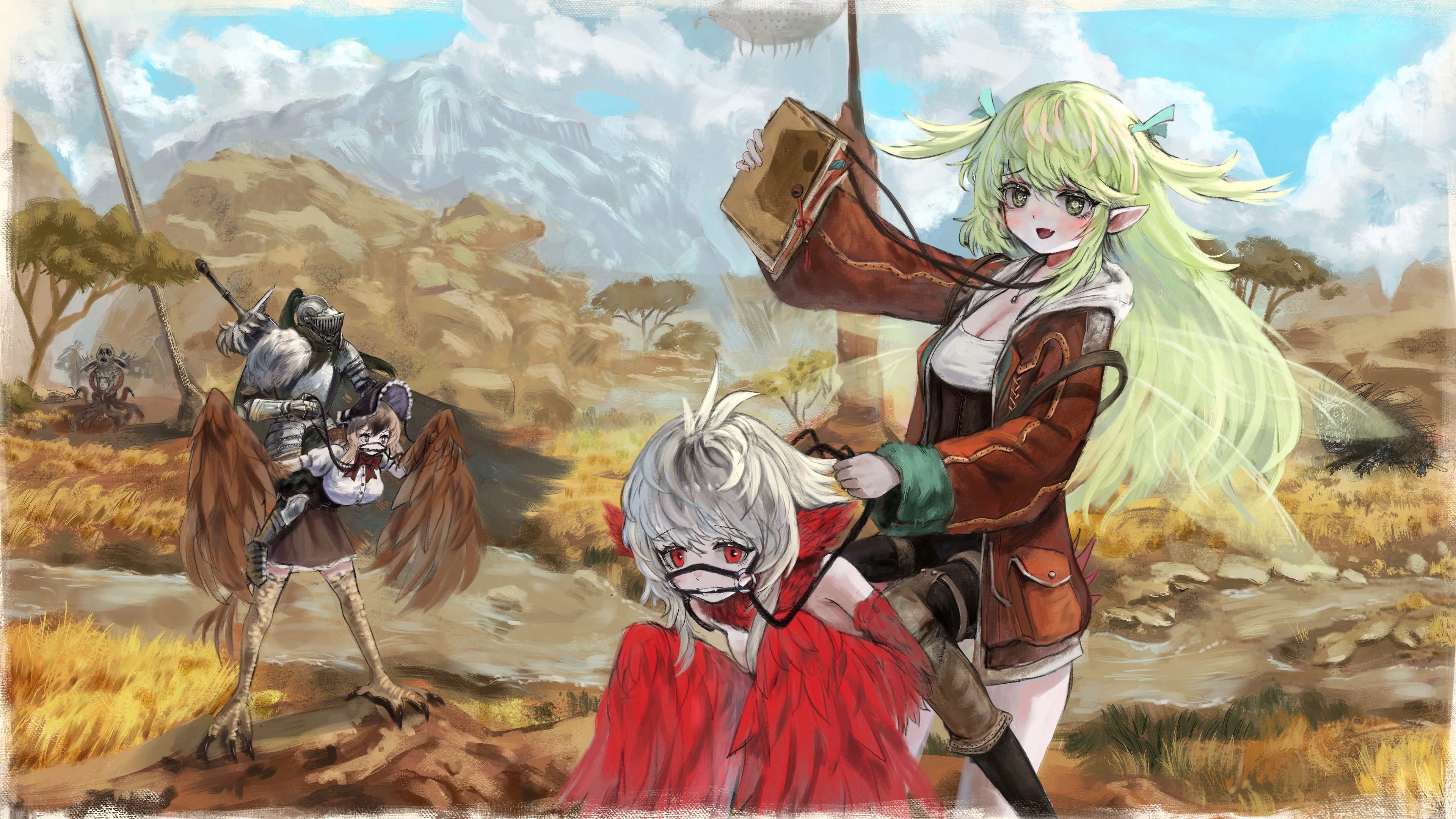 1boy 3girls absurdres alternate_costume animal_ears armor bare_shoulders bird_ears bird_legs bit_gag black_pants black_souls black_souls_2 blue_sky bonnet book bow bowtie breasts brown_eyes brown_hair brown_jacket brown_skirt brown_wings closed_mouth cloud cloudy_sky dodo_(black_souls) fairy fairy_wings feathered_wings feathers full_armor gag gauntlets goose_(black_souls) green_eyes green_hair grimm_(black_souls) hair_between_eyes harpy helmet highres holding holding_book jacket jewelry large_breasts leaf_(black_souls) leash long_hair long_sleeves monster_girl mountainous_horizon multiple_girls necklace open_clothes open_jacket open_mouth outdoors pants pointy_ears puffy_short_sleeves puffy_sleeves punchable red_bow red_bowtie red_eyes red_feathers red_wings riding ropeperson savannah shirt short_hair short_sleeves skirt sky smile sword two_side_up weapon white_hair white_shirt wide_shot winged_arms wings