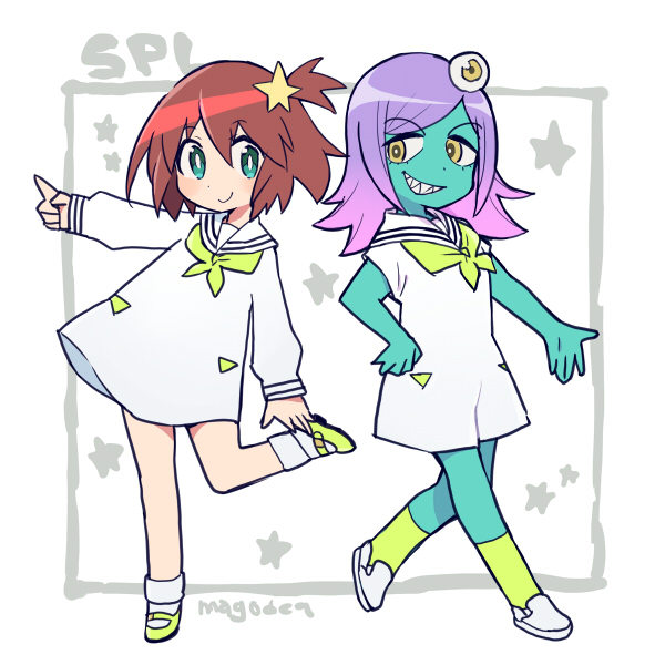 2girls aqua_eyes aqua_skin artist_name brown_hair closed_mouth colored_skin commentary dress full_body grin hair_ornament looking_at_viewer luluco mago medium_hair midori_(uchuu_patrol_luluco) multiple_girls purple_hair sailor_collar sharp_teeth short_hair smile socks star_(symbol) star_hair_ornament symbol-only_commentary teeth uchuu_patrol_luluco yellow_eyes