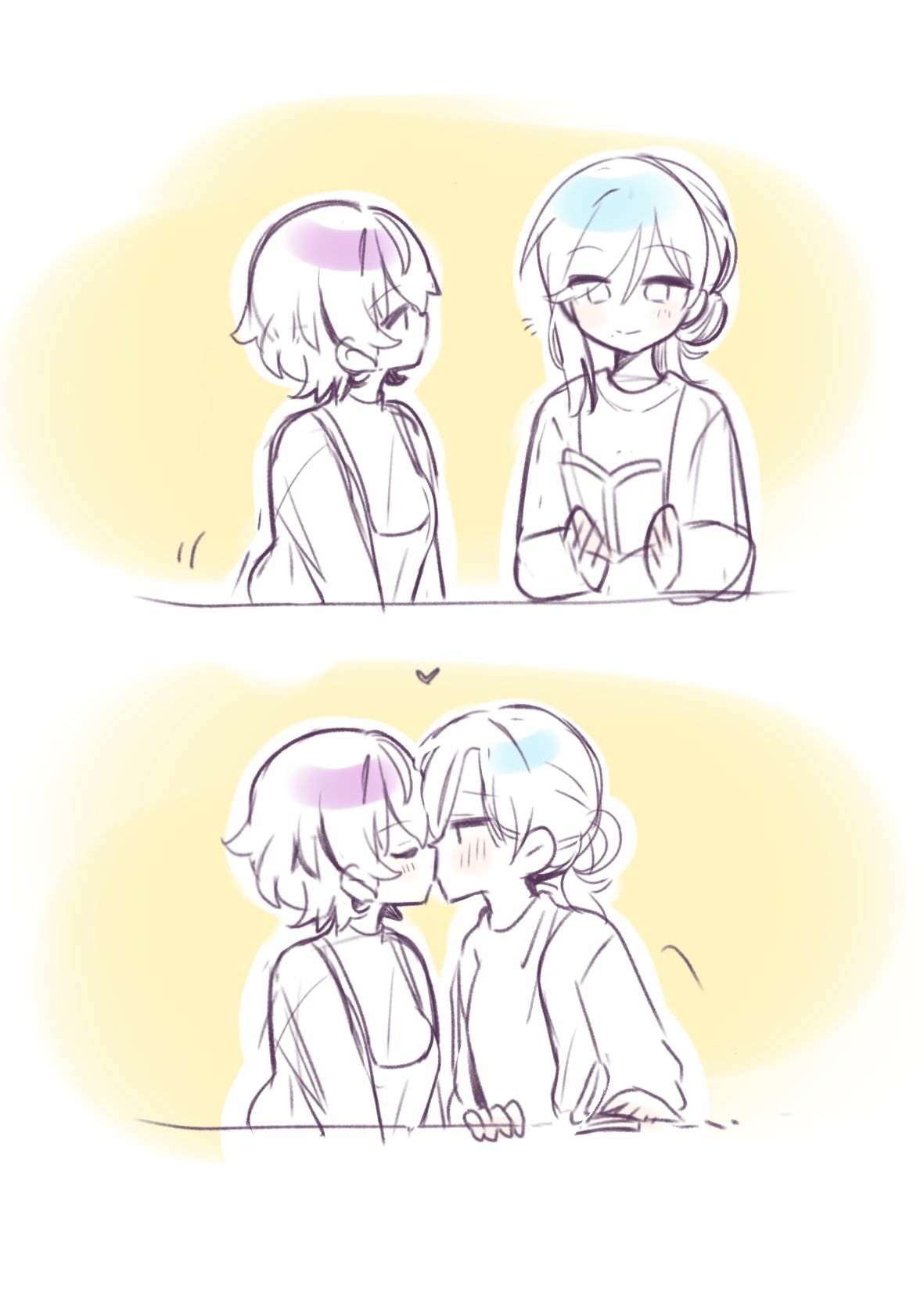 2girls asahina_mafuyu blue_hair blush book closed_eyes closed_mouth commentary hashtag-only_commentary heart highres hinomori_shizuku holding holding_book kiss looking_at_another masimaro_fah86 multiple_girls notice_lines project_sekai purple_hair reading short_hair smile white_background yellow_background yuri