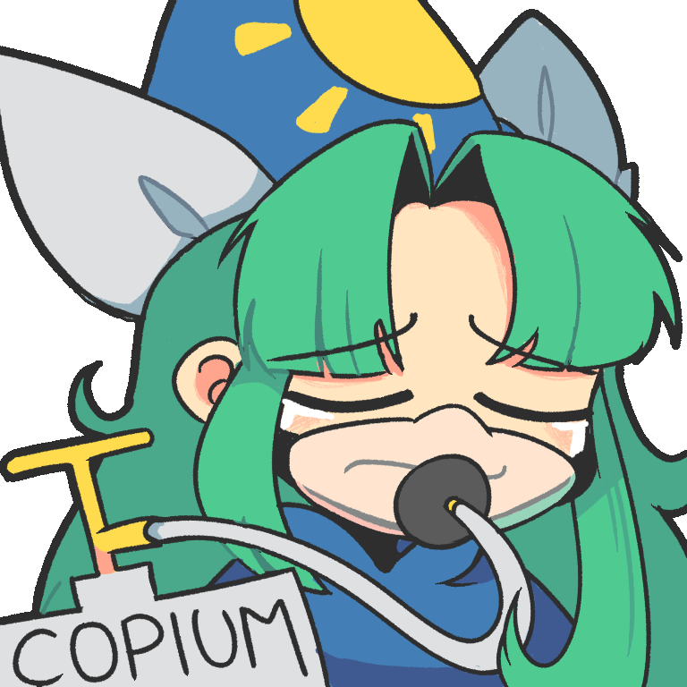 1girl blue_hat chibi closed_eyes copium_(meme) crying gas_cylinder green_hair hat meme mima_(touhou) oxygen_mask portrait sad slascoplerd solo sun_print tears touhou touhou_(pc-98) transparent_background