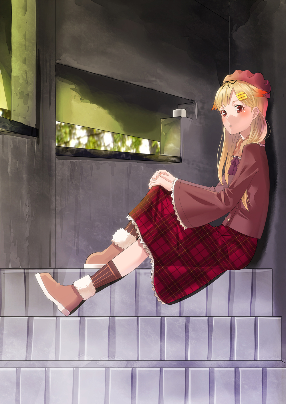 10s 1girl against_wall alternate_costume ankle_boots bad_id bad_pixiv_id beret black_ribbon black_socks blonde_hair blunt_bangs blush boots brown_boots building buttons casual contemporary day expressionless female_focus fujimo_ruru full_body fur-trimmed_boots fur_trim gradient_hair hair_ornament hair_ribbon hairclip hat highres jacket kantai_collection knee_up kneehighs long_hair long_skirt long_sleeves looking_at_viewer looking_to_the_side multicolored_hair nail_polish orange_hair parted_lips pink_nails plaid_clothes plaid_skirt red_eyes red_hat red_jacket red_skirt ribbon sitting skirt socks solo stairs striped_clothes striped_socks sunlight unmoving_pattern vertical-striped_clothes vertical-striped_socks very_long_hair wide_sleeves yuudachi_(kancolle) yuudachi_kai_ni_(kancolle)