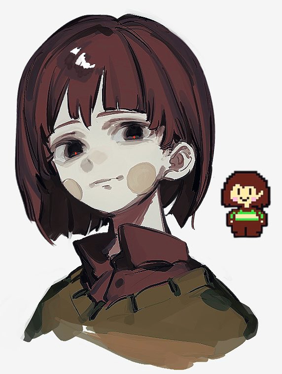 1other aliasing bags_under_eyes black_eyes bob_cut bright_pupils brown_hair brown_shirt chara_(undertale) choppy_bangs circle_facial_mark closed_mouth collared_shirt commentary_request cropped_shoulders facial_mark green_sweater grey_background hair_behind_ear hair_between_eyes light_smile looking_at_viewer official_art_inset other_focus red_pupils shirt short_hair simple_background solo sweater takenaka_(takenaka1111) undertale utdr_(toby_fox)