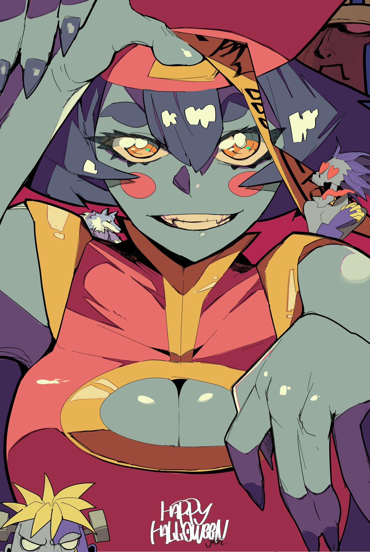 1girl 4boys anakaris breasts capcom cleavage darkstalkers hat highres hsien-ko jiangshi jon_talbain large_breasts lord_raptor multiple_boys victor_von_gerdenheim