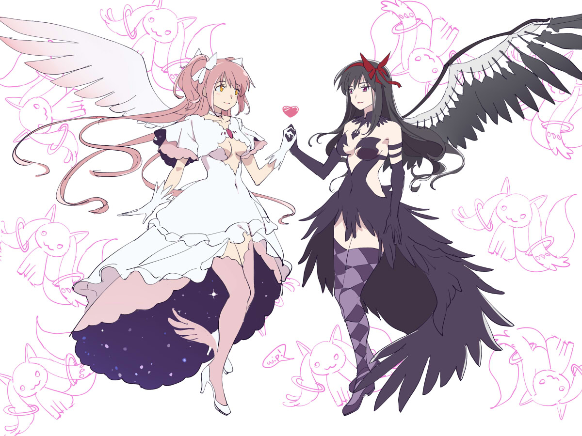 2girls akemi_homura akuma_homura argyle_clothes argyle_thighhighs black_dress black_hair black_wings bow breasts cleavage collarbone dress elbow_gloves frilled_dress frills full_body futa_yuri_ryona gloves hair_bow heart high-low_dress high_heels holding_hands kaname_madoka kyubey long_hair mahou_shoujo_madoka_magica mahou_shoujo_madoka_magica:_hangyaku_no_monogatari multiple_girls pink_hair pink_thighhighs purple_thighhighs red_bow short_twintails speech_bubble thighhighs twintails ultimate_madoka white_dress white_gloves white_wings wings yuri