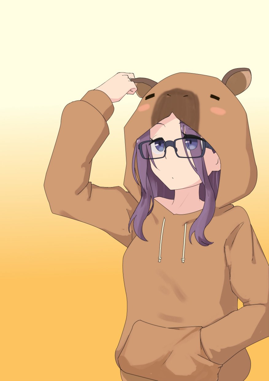 1girl animal_ear_headwear animal_ears blue_eyes capybara fake_animal_ears glasses gobanme_no_mayoi_neko gradient_background hand_in_pocket highres hood hood_up hoodie kagamihara_sakura long_hair purple_hair rectangular_eyewear simple_background solo yurucamp