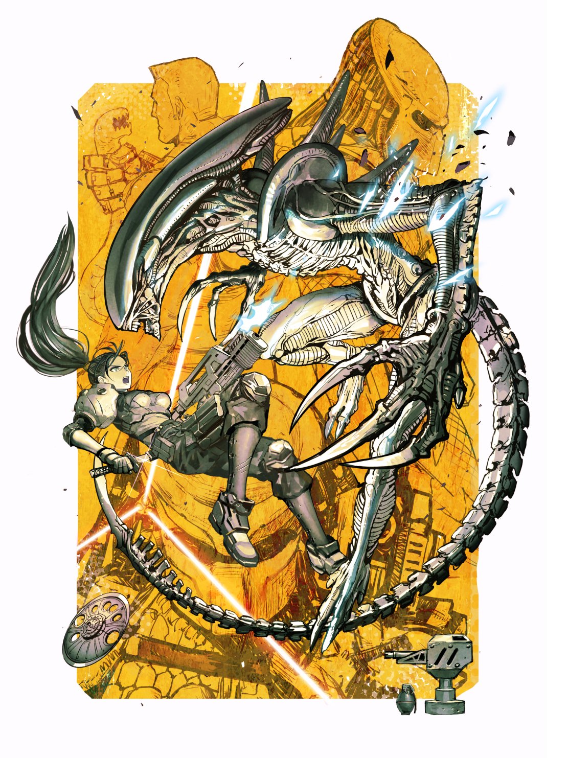 1girl alien alien_(series) alien_vs._predator armor breasts brown_hair camouflage capcom combistick crossover dreadlocks dutch_schaefer fangs fingerless_gloves gloves helmet highres holding katana linn_kurosawa long_hair monster okojo plasma_caster ponytail predator_(character) predator_(series) science_fiction shoulder_cannon sword teeth thigh_armor video_game weapon wrist_blades xenomorph