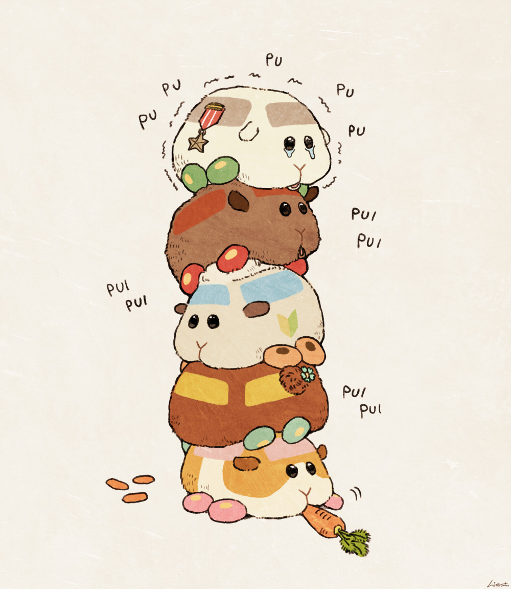 abbey_(pui_pui_molcar) black_eyes carrot choco_(pui_pui_molcar) eating flower guinea_pig medal molcar no_humans potato_(pui_pui_molcar) pui_pui_molcar sepia_background shiromo_(pui_pui_molcar) signature simple_background stacking tearing_up teddy_(pui_pui_molcar) trembling west_(west24_draw)