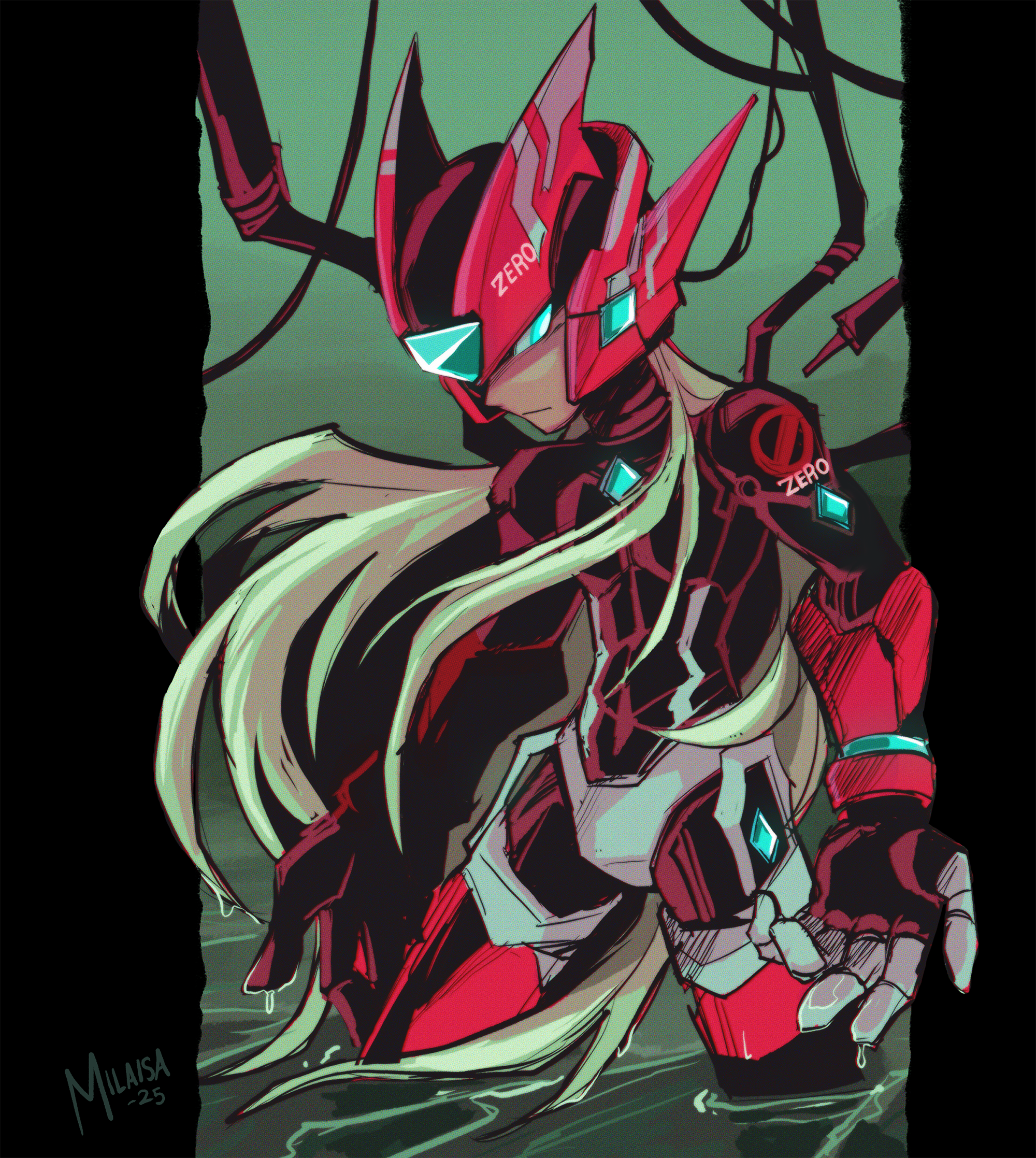 1boy adapted_costume android blonde_hair blue_eyes character_name cowboy_shot forehead_jewel green_background helmet highres long_hair mega_man_(series) mega_man_zero_(series) milaisadoodles partially_submerged red_helmet solo standing zero(z)_(mega_man) zero_(mega_man)