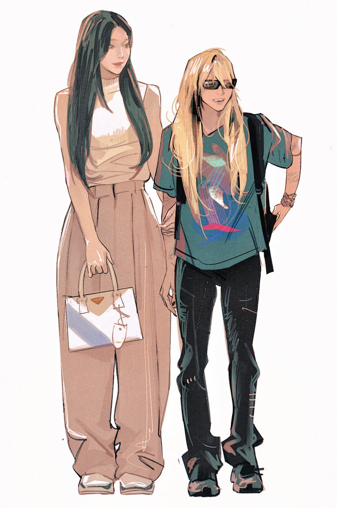 2girls bag black_footwear black_hair black_pants blonde_hair bracelet brown_eyes brown_pants cbb_(tuucoo) chaeyoung_(twice) full_body green_shirt grey_footwear handbag holding holding_another&#039;s_arm holding_bag jewelry k-pop long_hair multiple_girls open_mouth pants real_life sana_(twice) shirt shoes sleeveless sleeveless_sweater smile sneakers standing sunglasses sweater twice_(group) white_background white_sweater