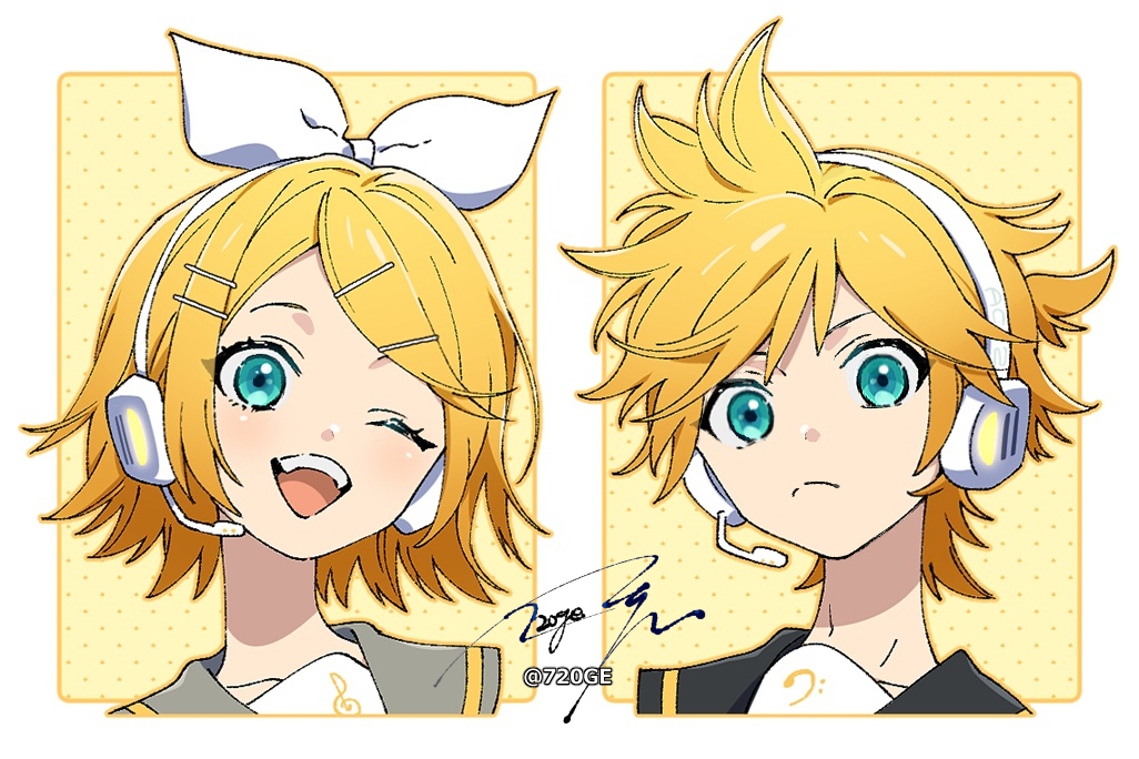 1boy 1girl blonde_hair headphones kagamine_len kagamine_rin natsuo_(720ge) one_eye_closed short_hair siblings vocaloid