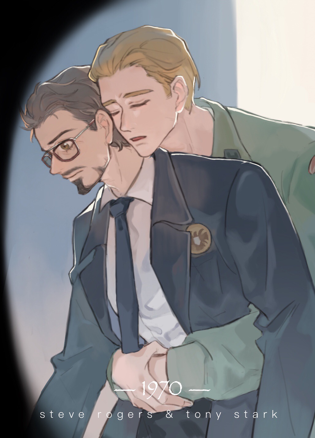 2boys avengers:_endgame avengers_(series) black-framed_eyewear black_jacket black_necktie blonde_hair brown_eyes brown_hair character_name chinese_commentary closed_eyes closed_mouth collared_shirt commentary_request cowboy_shot facial_hair fingernails glasses green_jacket highres hug hug_from_behind jacket lapels long_sleeves looking_down male_focus marvel marvel_cinematic_universe military_jacket multiple_boys necktie open_clothes open_jacket open_mouth puffy_long_sleeves puffy_sleeves shirt short_hair standing steve_rogers tony_stark white_shirt yaoi yizilu699