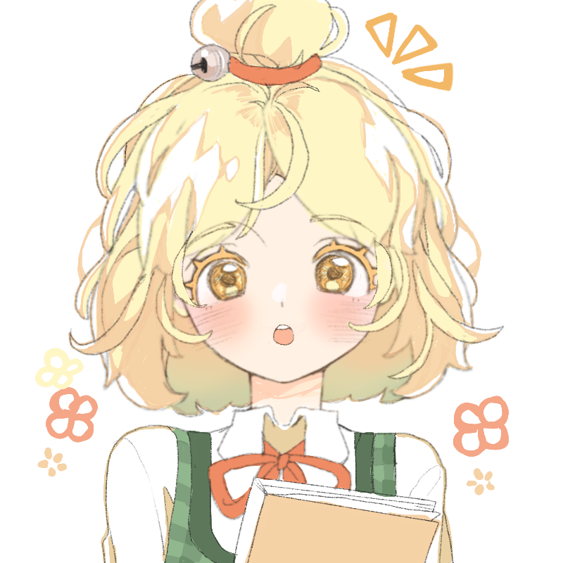 1girl :o animal_crossing bell blonde_hair blush collared_shirt colored_eyelashes green_vest holding humanization isabelle_(animal_crossing) jingle_bell looking_at_viewer medium_hair nintendo open_mouth portrait red_ribbon ribbon shirt simple_background solo topknot vest white_background white_shirt xiao_bu_san yellow_eyes