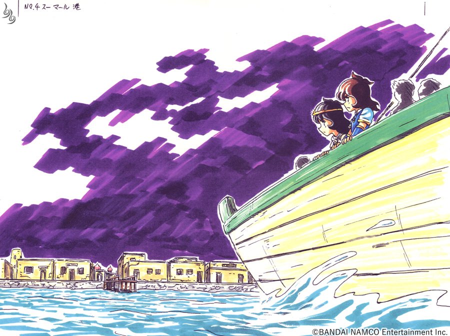 1990s_(style) 1girl bandai_namco black_hair boat brown_hair circlet closed_mouth druaga_no_tou gilgamesh_(druaga) jewelry ki_(druaga) long_hair multiple_boys namco necklace ocean official_art retro_artstyle shinozaki_yuichiro town watercraft