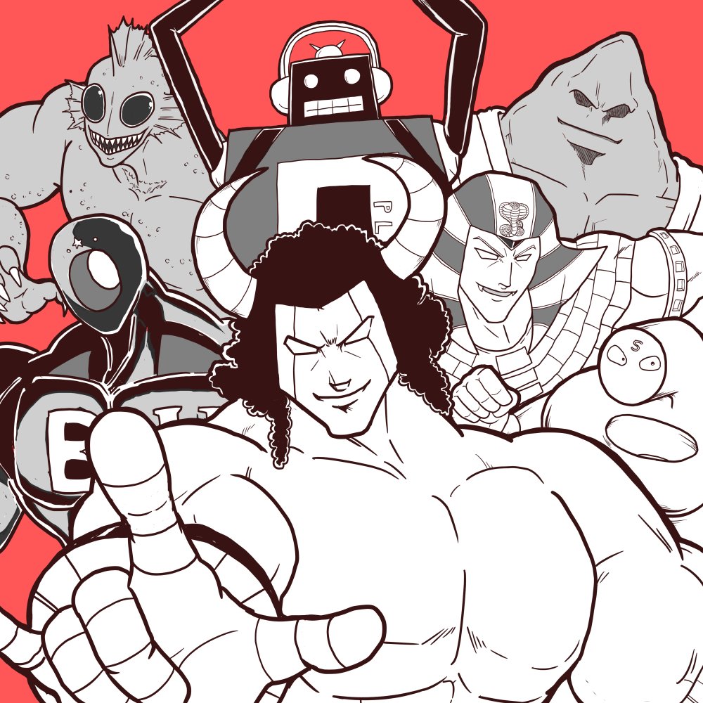 2024 6+boys android armor artist_request atlantis_(kinnikuman) attack biceps black_hole_(kinnikuman) buffaloman clenched_hands dated dougi evil_smile faceless fighting_stance greyscale_with_colored_background grin headphones index_finger_raised kinnikuman large_pectorals looking_afar looking_at_viewer manly mask mister_khamen monochrome monster_boy multiple_boys muscular no_eyes no_mouth pectorals red_background sharp_teeth simple_background smile springman_(kinnikuman) stecase_king teeth the_mountain_(kinnikuman) wrestling wrestling_outfit