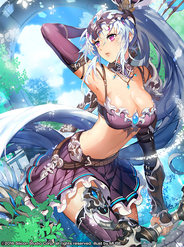 1girl 2016 armpits arrow_(projectile) artist_name belt bow_(weapon) breasts cleavage cloud company_name dated day female_focus gyakushuu_no_fantasica large_breasts leaf long_hair midriff miniskirt muse_(rainforest) navel ponytail purple_eyes quiver skirt sky solo weapon white_hair