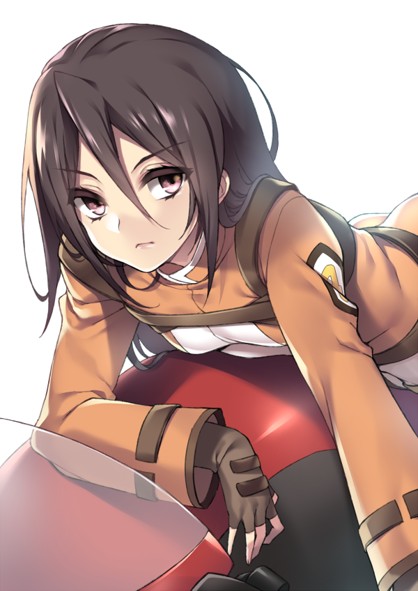 00s 1girl blush bodysuit brown_gloves brown_hair closed_mouth emblem expressionless female_focus fingerless_gloves fuya_(tempupupu) ga-rei ga-rei_zero gloves hair_between_eyes kasuga_natsuki lips long_sleeves looking_at_viewer lying motor_vehicle motorcycle on_stomach red_eyes short_hair simple_background solo tsurime vehicle white_background