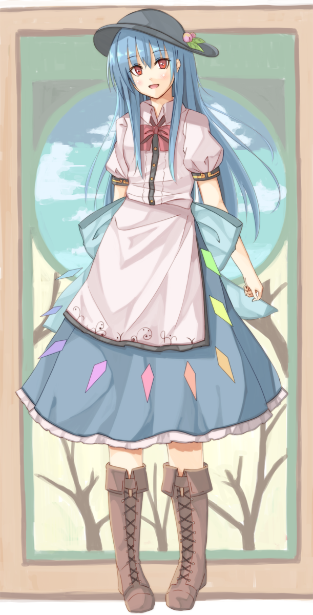 1girl bare_tree black_hat blue_hair blue_skirt blue_sky boots bow bowtie brown_boots cloud food fruit fuussu_(21-kazin) hat highres hinanawi_tenshi lace-up_boots leaf long_hair looking_at_viewer open_mouth peach puffy_sleeves red_bow red_bowtie red_eyes shirt short_sleeves skirt sky smile solo touhou tree white_shirt