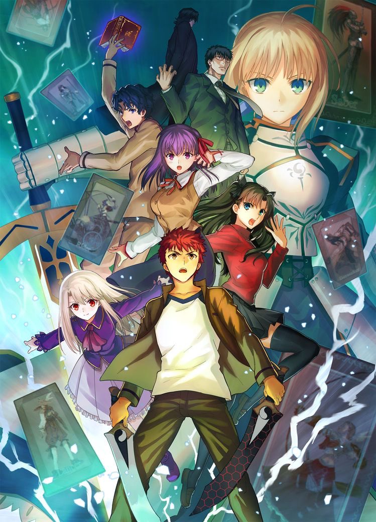 artoria_pendragon_(fate) book caliburn_(fate) emiya_shirou excalibur_(fate/stay_night) fate/stay_night fate_(series) holding holding_book holding_sword holding_weapon illyasviel_von_einzbern kanshou_&amp;_bakuya_(fate) kuzuki_souichirou matou_sakura matou_shinji medea_(caster)_(fate) medea_(fate) multiple_boys multiple_girls official_art promotional_art saber_(fate) sword task_owner third-party_source tohsaka_rin weapon
