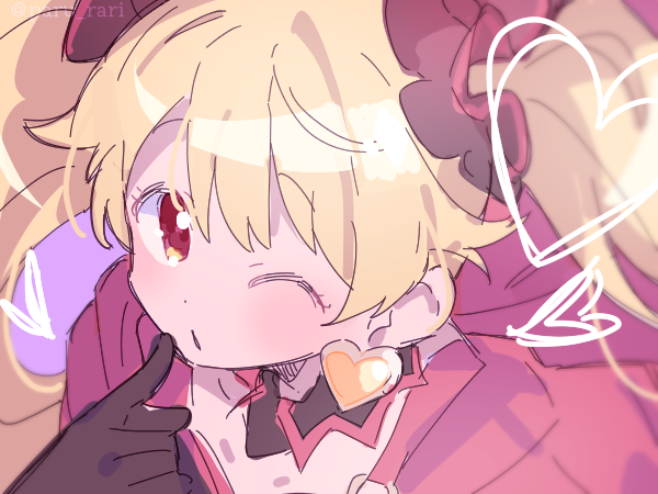 1girl blinking blonde_hair blush brown_collar brown_gloves brown_scrunchie collar detached_collar dot_nose earrings finger_to_own_chin from_above gem gloves hair_ornament hair_scrunchie heart heart_earrings jewelry kisaki_emiri long_hair looking_at_viewer magia_record:_mahou_shoujo_madoka_magica_gaiden mahou_shoujo_madoka_magica orange_gemstone portrait red_eyes red_shirt scrunchie serizawa_serizane shirt sketch solo swept_bangs twintails twitter_username