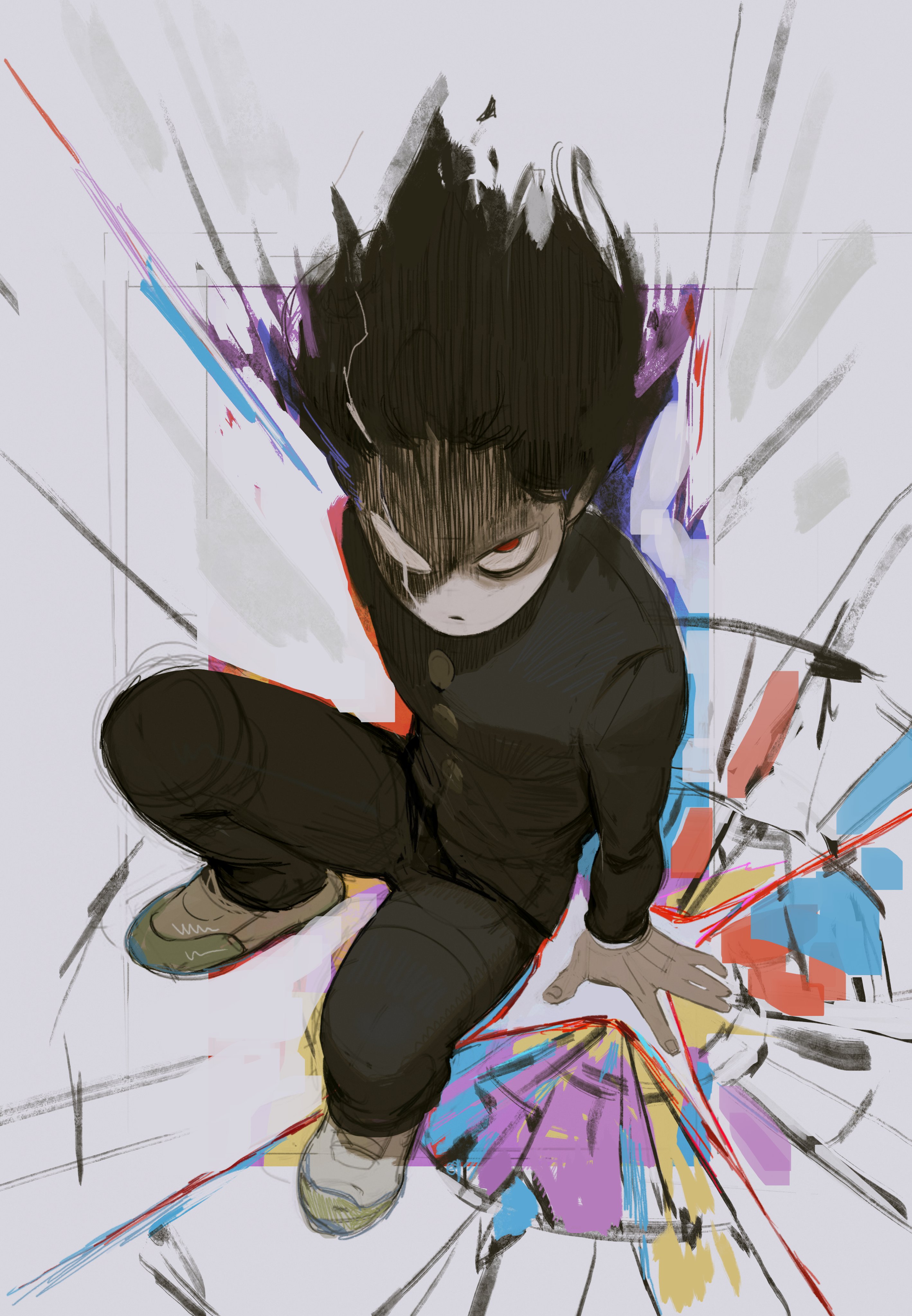 absurdres arm_support black_hair black_jacket black_pants blank_eyes buttons closed_mouth dark_persona energy fingernails floating_hair forehead full_body gakuran ground_shatter heterochromia highres honeyoink_draw jacket kageyama_shigeo knees_up long_sleeves looking_at_viewer male_focus mob_psycho_100 on_floor pants partially_shaded_face red_eyes school_uniform serious shoes short_hair sitting solo uwabaki white_background white_shoes