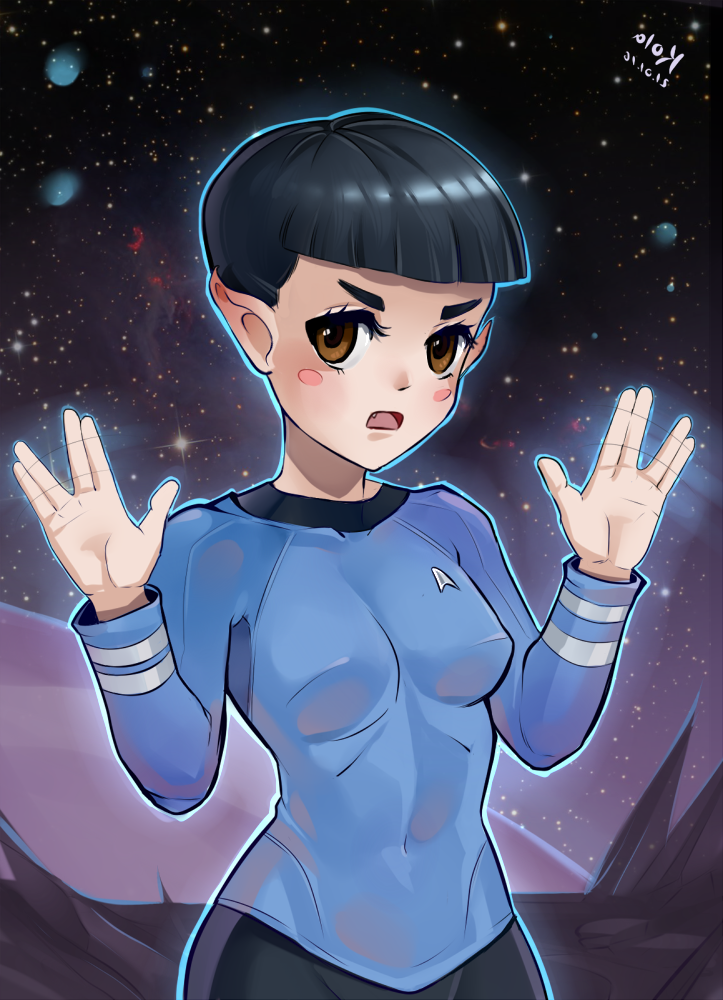 1girl :o artist_name black_hair blue_shirt blunt_bangs blush_stickers breasts brown_eyes covered_navel dated double_v genderswap genderswap_(mtf) impossible_clothes kola411 long_sleeves looking_at_viewer night night_sky planet pointy_ears salute shirt short_hair sky small_breasts solo spock standing star_(sky) star_trek star_trek:_the_original_series starfleet_uniform starry_sky v vulcan_salute