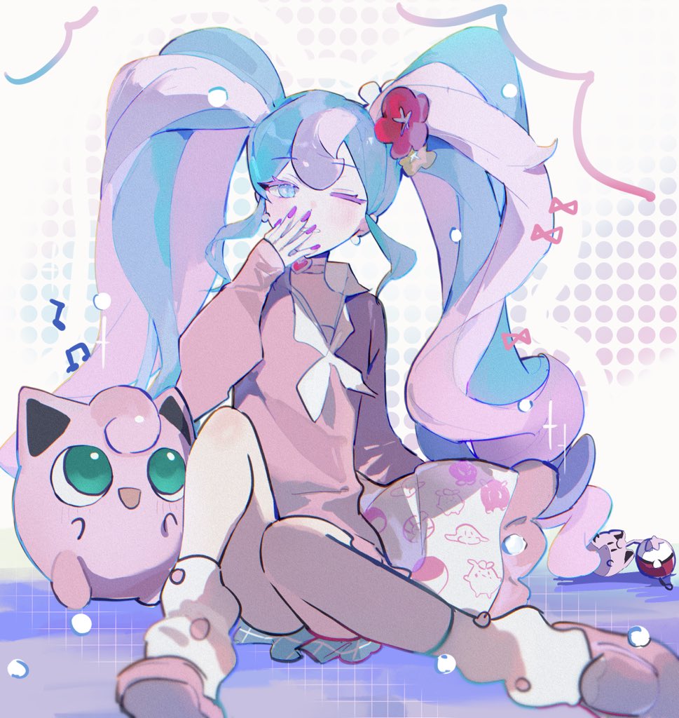 1girl :d ;d ankle_socks bare_legs blue_eyes blue_hair blush choker chromatic_aberration collared_shirt commentary fairy_miku_(project_voltage) film_grain fingernails flower frilled_pillow frills full_body gen_1_pokemon green_eyes grid_background grin hair_flower hair_ornament halftone halftone_background hand_up hatsune_miku heart heart_choker hibiscus jigglypuff knee_up long_fingernails long_hair long_sleeves looking_at_another loose_socks multicolored_hair musical_note nail_polish neckerchief nintendo on_floor one_eye_closed open_mouth pale_skin pillow pink_choker pink_hair pink_nails pink_shirt pink_shoes pokemon pokemon_(creature) project_voltage puffy_long_sleeves puffy_sleeves pye_yyy red_flower shirt shoes sidelocks simple_background sleeves_past_wrists smile socks solo streaked_hair symbol-only_commentary twintails two-tone_hair very_long_hair vocaloid white_background white_neckerchief yellow_flower