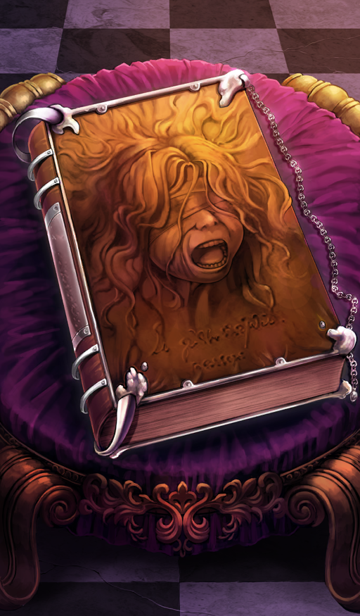 book book_focus brown_theme checkered_floor commentary fate/grand_order fate_(series) grimoire lasengle no_humans official_art prelati&#039;s_spellbook still_life