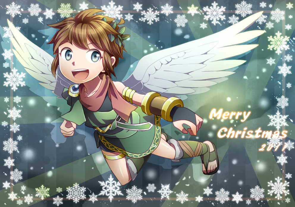 1boy :d alternate_color armlet azumi_(tks-sd) blue_eyes bracer brown_hair christmas fingerless_gloves full_body gloves gold_armlet gold_thighlet green_footwear grey_wings jewelry kid_icarus kid_icarus_uprising laurel_crown male_focus merry_christmas nintendo open_mouth pit_(kid_icarus) red_scarf sandals scarf smile snowflakes spiked_hair teeth thighlet upper_teeth_only wings winter
