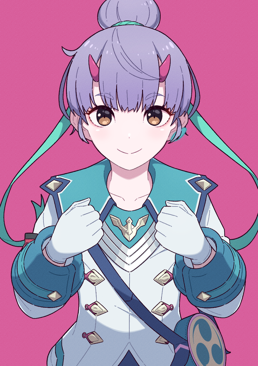 1girl brown_eyes clenched_hands fiona_(xenoblade) gloves hair_bun highres hinoyama_kou horns mitsudomoe_(shape) pink_background purple_hair smile tomoe_(symbol) white_gloves xenoblade_chronicles_(series) xenoblade_chronicles_3