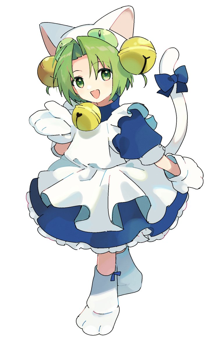 1girl :d ahoge animal_hat apron bell blue_bow blue_dress blue_ribbon bow cat_girl cat_hat cat_tail commentary_request dejiko di_gi_charat dress footwear_ribbon full_body green_eyes green_hair hair_bell hair_ornament hand_up hat highres jingle_bell kitano_ririo looking_at_viewer mittens neck_bell open_mouth parted_bangs paw_shoes petticoat ribbon shoes short_hair smile solo standing tail tail_bow tail_ornament three-quarter_sleeves white_apron white_background white_hat white_mittens white_shoes