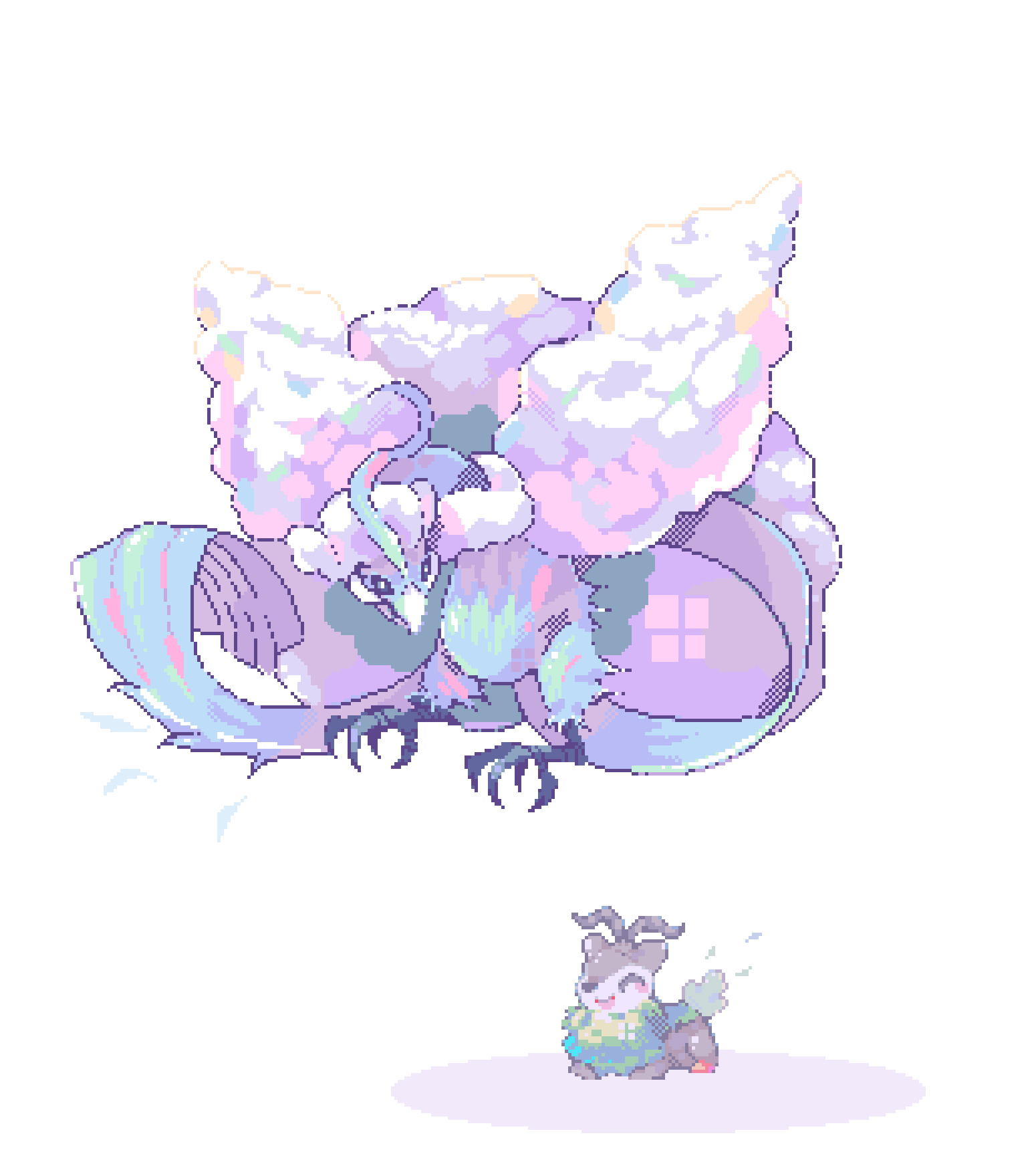 ^_^ altaria animal_focus beak bird closed_eyes commentary fluffy gen_3_pokemon gen_6_pokemon goat highres horns mega_altaria mega_pokemon nintendo no_humans open_mouth pixel_art pokemon pokemon_(creature) robin_(pixelated_robin) simple_background sitting skiddo smile talons white_background wings