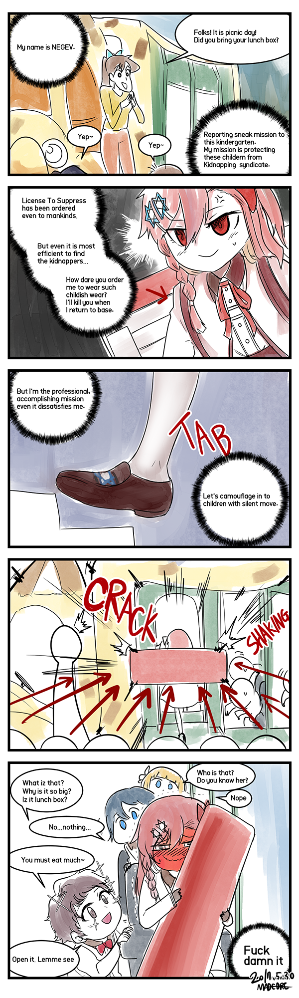 5koma :d aged_down anger_vein arrow_(symbol) artist_name blonde_hair blue_eyes blue_hair blush bow braid brown_hair brown_shoes closed_mouth comic commentary dated embarrassed english_commentary english_text full-face_blush girls&#039;_frontline hair_bow hair_ornament hairclip hexagram highres japari_bus kemono_friends loafers long_hair looking_at_another madcore neck_ribbon negev_(girls&#039;_frontline) negev_(little_drifter)_(girls&#039;_frontline) open_mouth own_hands_together pink_hair profanity red_bow red_eyes ribbon shoes short_hair smile socks sound_effects star_of_david sweatdrop teacher usui_yoshito_(style) wavy_mouth weapon_case white_socks