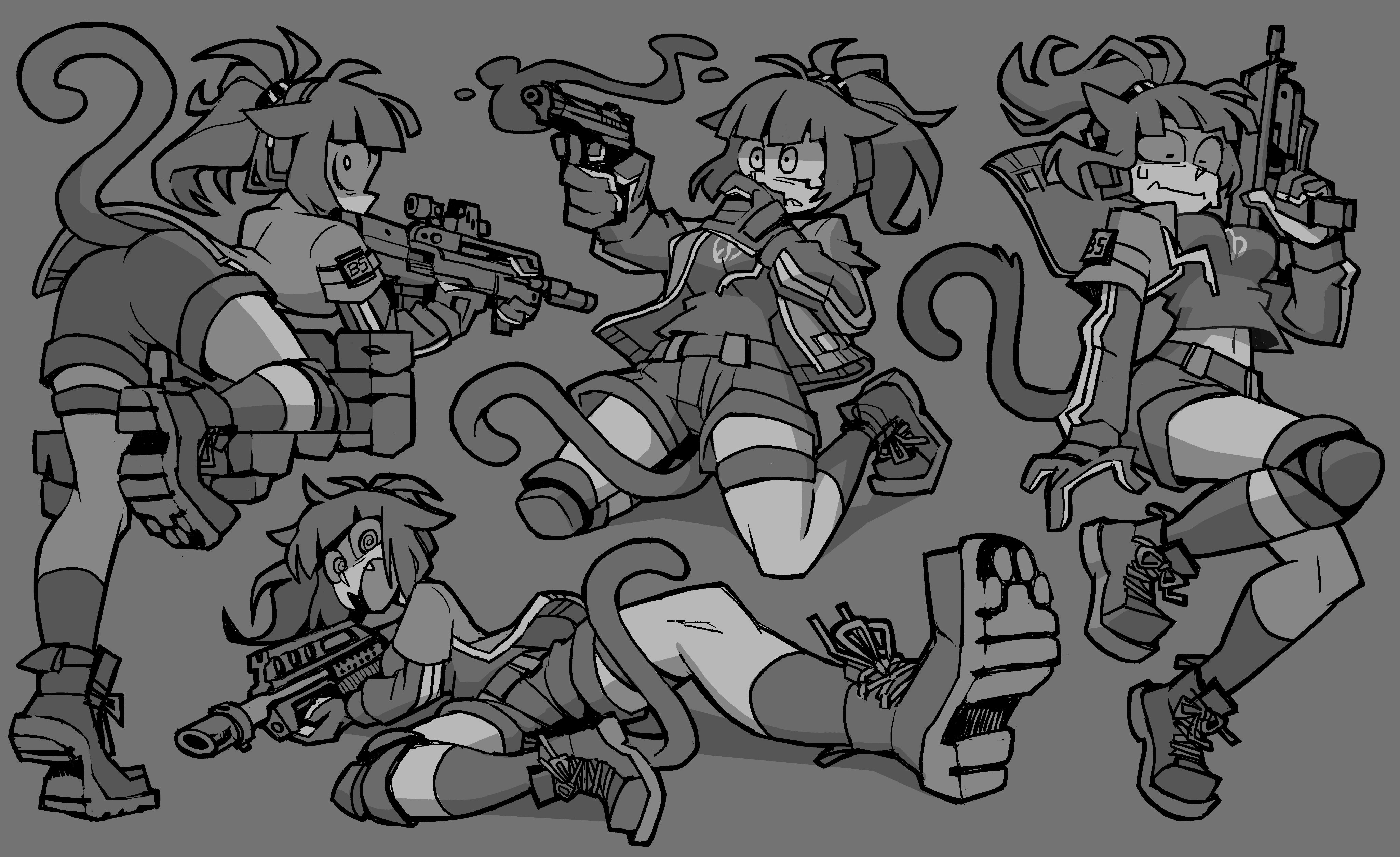 1girl @_@ absurdres animal_ears arknights assault_rifle automatic_shotgun beretta_92 bullpup cat_ears cat_tail fang gas-seal_revolver gloves greyscale gun h&k_mp7 handgun highres holding holding_gun holding_weapon jacket jessica_(arknights) knee_pads kneeling monochrome multiple_views pancor_jackhammer personal_defense_weapon ponytail prototype_design revolver_shotgun rifle shorts shotgun single_knee_pad smoke smoking_barrel submachine_gun suppressor sweat tail thigh_strap vanripper vhs-d2 weapon