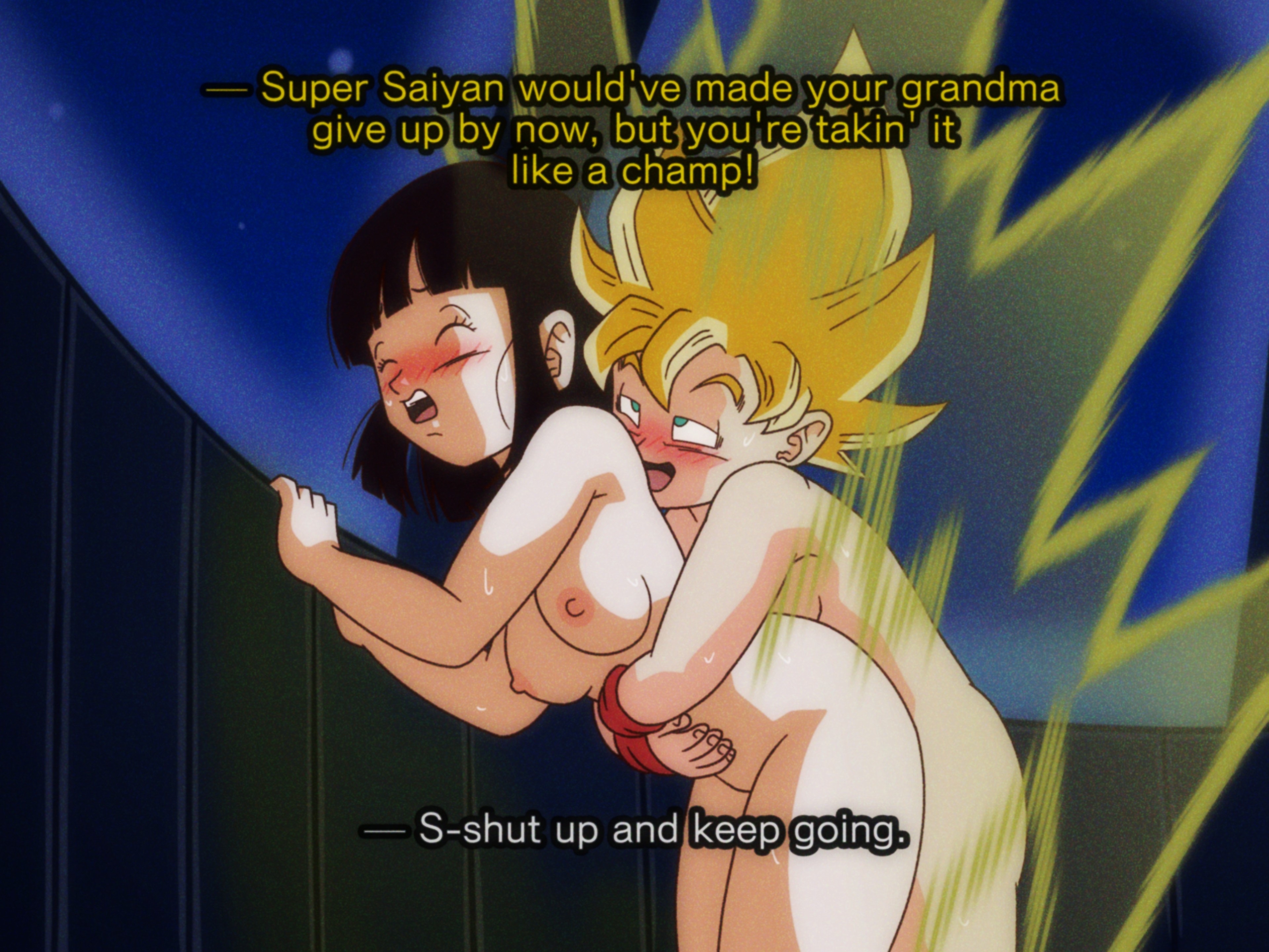 1boy 1girl absurdres ass bandana black_eyes black_gloves black_hair blonde_hair blunt_bangs blush breasts commentary commentary_request completely_nude crop_top dragon_ball dragon_ball_gt embarrassed english_commentary erection gloves gmr grandfather_and_granddaughter green_eyes happy_sex highres imminent_penetration incest medium_breasts nipples non-web_source nude orange_bandana orange_trim pan_(dragon_ball) pants penis pussy red_shirt sex sex_from_behind shirt son_goku super_saiyan sweat vaginal wristband yellow_pants