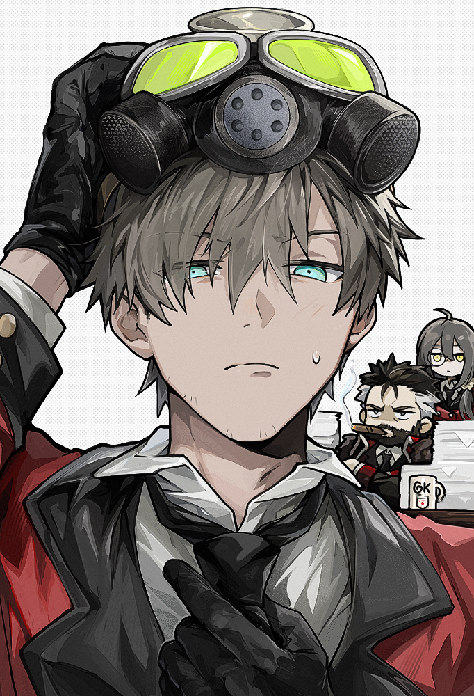 1girl 2boys adjusting_clothes adjusting_necktie aqua_eyes beard berezovich_kryuger_(girls&#039;_frontline) black_gloves black_hair black_necktie cigar closed_mouth coat collared_shirt commander_(girls&#039;_frontline) commentary cup english_commentary facial_hair gas_mask girls&#039;_frontline gloves griffin_&amp;_kryuger_military_uniform helianthus_(girls&#039;_frontline) honi_(ohohoni) long_hair looking_at_viewer mask mug multicolored_hair multiple_boys necktie paper_stack print_mug red_coat shirt short_hair simple_background smoking sweatdrop two-tone_hair white_hair white_shirt