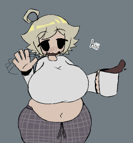 1girl ahoge belly black_eyes blonde_hair blush breasts coffee cowboy_shot crop_top cup english_text fat fat_woman grey_background holding holding_cup huge_breasts long_sleeves looking_at_viewer midriff mug navel no_nose open_mouth pants plump shirt short_hair simple_background smile solo spilling standing sweatpants tacoman thick_thighs thighs urotsuki waving white_shirt wide_hips yume_2kki