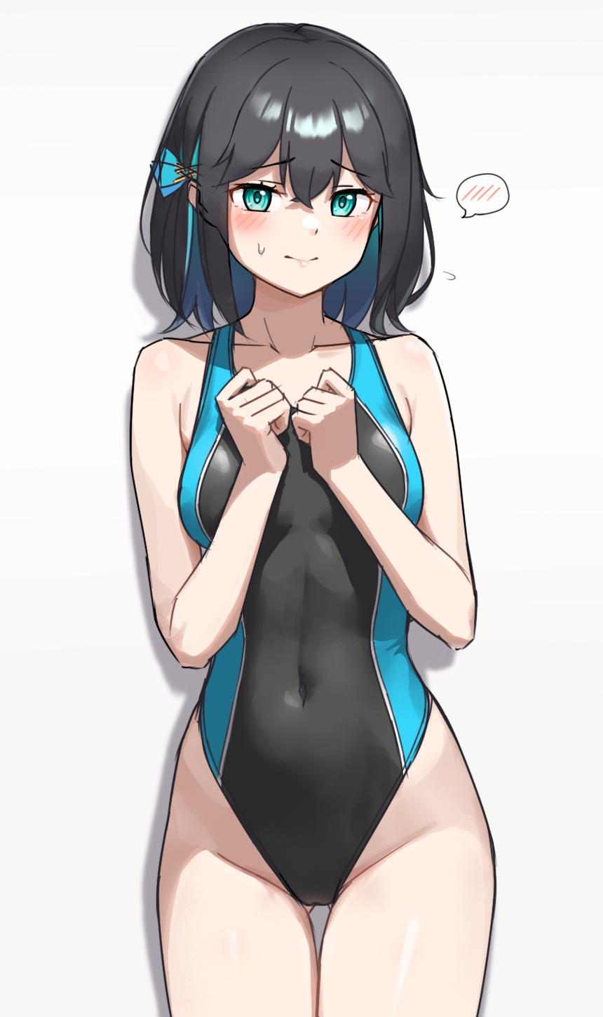 1girl black_hair blue_eyes blue_hair colored_inner_hair commentary_request competition_swimsuit covered_navel highleg highleg_one-piece_swimsuit highres miyamai_moca multicolored_hair one-piece_swimsuit short_hair simple_background solo sparkling_yudofu spoken_blush swimsuit thigh_gap voicepeak voiceroid white_background