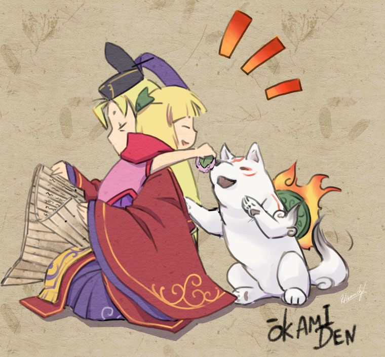 2boys chibiterasu hakama hakama_skirt hamachi_(kuchiba) hat japanese_clothes kuro_(ookami) long_hair male_focus multiple_boys ookami_(game) ookamiden open_mouth skirt smile sugawara_michizane wolf