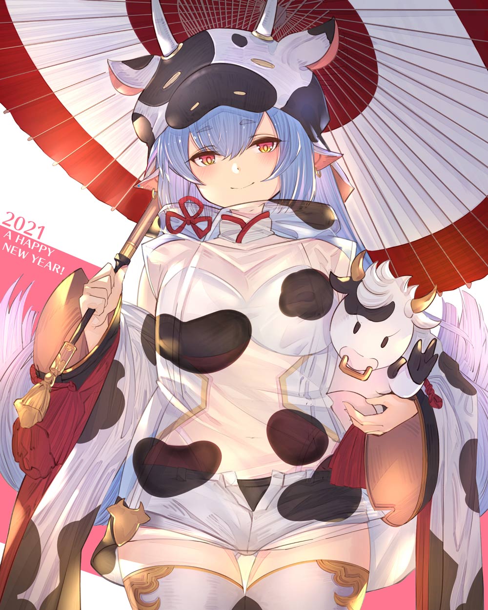 1girl 2021 animal_ears animal_print blue_hair breasts catura_(granblue_fantasy) chinese_zodiac closed_mouth commentary_request cow cow_ears cow_hood cow_horns cow_print detached_sleeves draph earrings granblue_fantasy happy_new_year highres holding holding_umbrella horns jewelry long_hair looking_at_viewer medium_breasts navel new_year oil-paper_umbrella red_eyes reki_(dezuko) see-through_clothes short_shorts shorts smile solo thigh_gap thighhighs thighs umbrella white_shorts white_thighhighs wide_sleeves year_of_the_ox