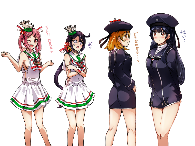 4girls ;d akebono_(kancolle) anchor_necklace anger_vein animal animal_on_head arms_behind_back bandaid bandaid_on_face bare_shoulders bell black_hair blush bow bowtie breasts brown_eyes brown_hair cosplay cowboy_shot crab diagonal-striped_clothes diagonal-striped_neckerchief diagonal-striped_neckwear dress flower hair_bell hair_bobbles hair_flower hair_ornament hat jewelry jingle_bell kamezou_(kame-zo) kantai_collection large_breasts long_hair looking_at_viewer maestrale_(kancolle) maestrale_(kancolle)_(cosplay) medium_breasts mini_hat multiple_girls neckerchief necklace oboro_(kancolle) on_head one_eye_closed open_mouth pink_eyes pink_hair purple_eyes purple_hair sailor_collar sailor_dress sailor_hat sazanami_(kancolle) short_hair side_ponytail sideboob simple_background sleeveless sleeveless_dress smile striped_bow striped_bowtie striped_clothes striped_neckwear twintails two-tone_bow two-tone_bowtie two-tone_neckerchief ushio_(kancolle) very_long_hair white_background z1_leberecht_maass_(kancolle) z1_leberecht_maass_(kancolle)_(cosplay)