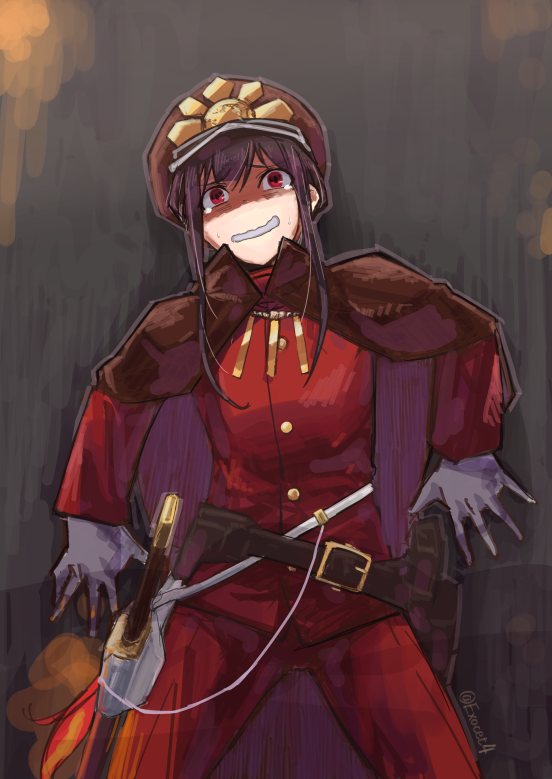 1boy against_wall belt black_cape black_hair cape cowboy_shot crest exocet_(exocet4) family_crest fate/grand_order fate_(series) fiery_hair gloves gold_buttons hair_between_eyes hand_on_wall hat jacket katana long_hair long_sleeves looking_up male_focus military_uniform oda_nobukatsu_(fate) oda_uri open_mouth pants peaked_cap ponytail raised_eyebrows red_eyes red_jacket red_pants scared shaded_face sheath sheathed sidelocks solo spread_legs sweatdrop sword tearing_up twitter_username wavy_mouth weapon white_gloves