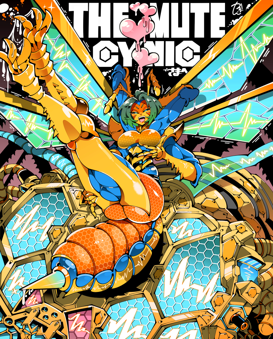 1girl animal_feet animal_legs antennae arms_behind_head arms_up ass blue_eyes breasts extra_arms fangs full_body gradient_hair green_hair half-closed_eyes hand_on_own_leg hand_up heart insect_wings kafun looking_at_viewer monster_girl multicolored_hair open_mouth original short_hair solo stinger v-shaped_eyebrows wings