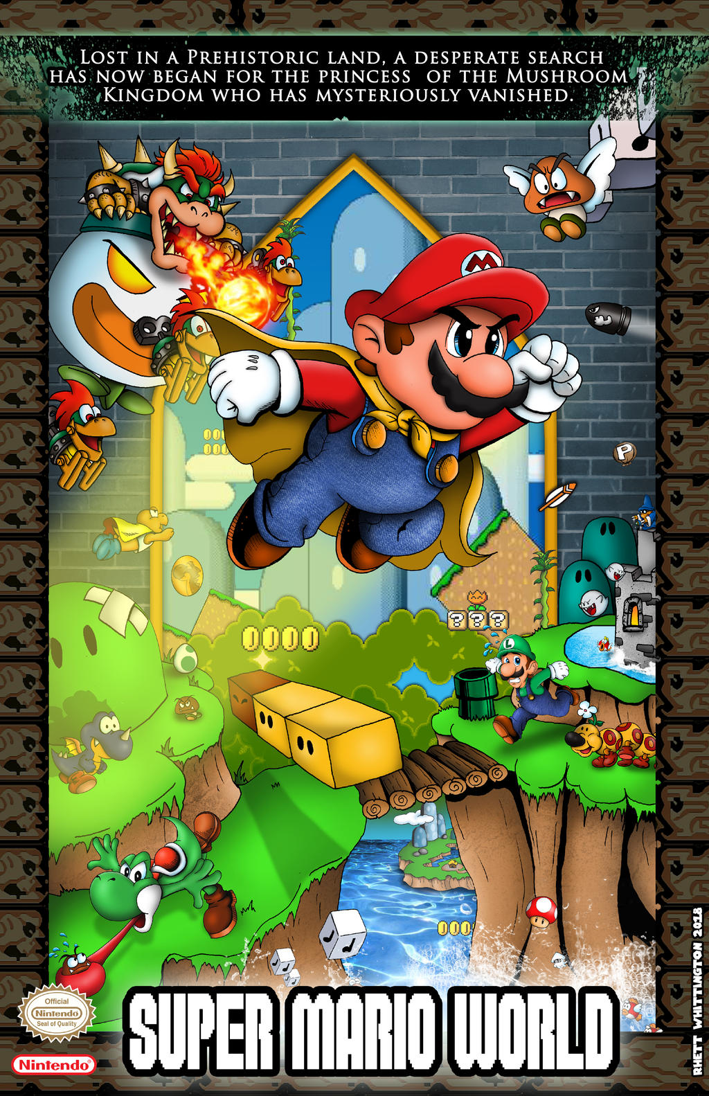 3boys block_(object) blooper blue_eyes boo_(mario) bowser brothers bullet_bill cape cape_mario castle cheep_cheep coin dinosaur empty_block facial_hair fangs fire fire_flower flying ghost gloves gold_coin goomba hat highres horns kamek koopa_clown_car luigi magikoopa mario mario_(series) mecha-koopa multiple_boys musical_note musical_note_block mustache nintendo open_mouth paragoomba red_hair rex_(mario) river rotating_block running siblings spiked_shell super_koopa super_mario_world super_mushroom sweat title tongue tongue_out wand warp_pipe water wiggler wings yellow_cape yoshi yoshi_egg