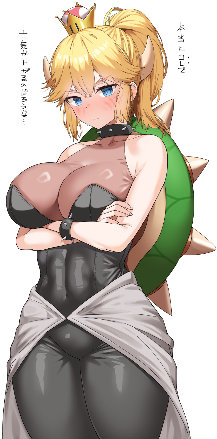 1girl arm_under_breasts bare_shoulders black_dress blonde_hair blue_eyes blush bowsette bracelet breasts cleavage cowboy_shot crossed_arms crown double-parted_bangs dragon_horns dress embarrassed full-face_blush grey_overskirt hair_between_eyes hair_flaps halter_dress halterneck highres horns imageboard_desourced jewelry large_breasts linea_alba long_hair long_sidelocks looking_at_viewer mario_(series) nagase_haruhito nervous_sweating nintendo overskirt ponytail see-through_cleavage see-through_clothes sidelocks solo spiked_bracelet spikes super_crown sweat thick_eyebrows toned toned_female translation_request turtle_shell