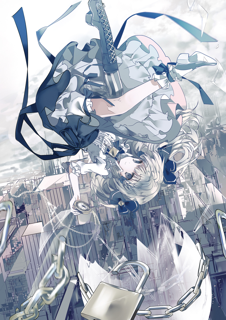 1girl album_cover ankle_ribbon asymmetrical_footwear asymmetrical_legwear black_bow black_bowtie black_eyes black_footwear black_ribbon black_skirt bloomers boots bow bowtie center_frills chain cierra_(ra-bit) cityscape closed_mouth comiket_89 cover cross-laced_footwear floating frilled_sleeves frills full_body grey_hair highres holding holding_pocket_watch leg_ribbon lock long_hair looking_at_viewer mary_janes mismatched_footwear mismatched_legwear original petticoat pocket_watch ribbon shirt shoes short_sleeves single_boot single_thighhigh skirt smile socks solo striped_clothes striped_thighhighs thighhighs underwear upside-down vertical-striped_clothes vertical-striped_thighhighs watch white_bloomers white_shirt white_socks