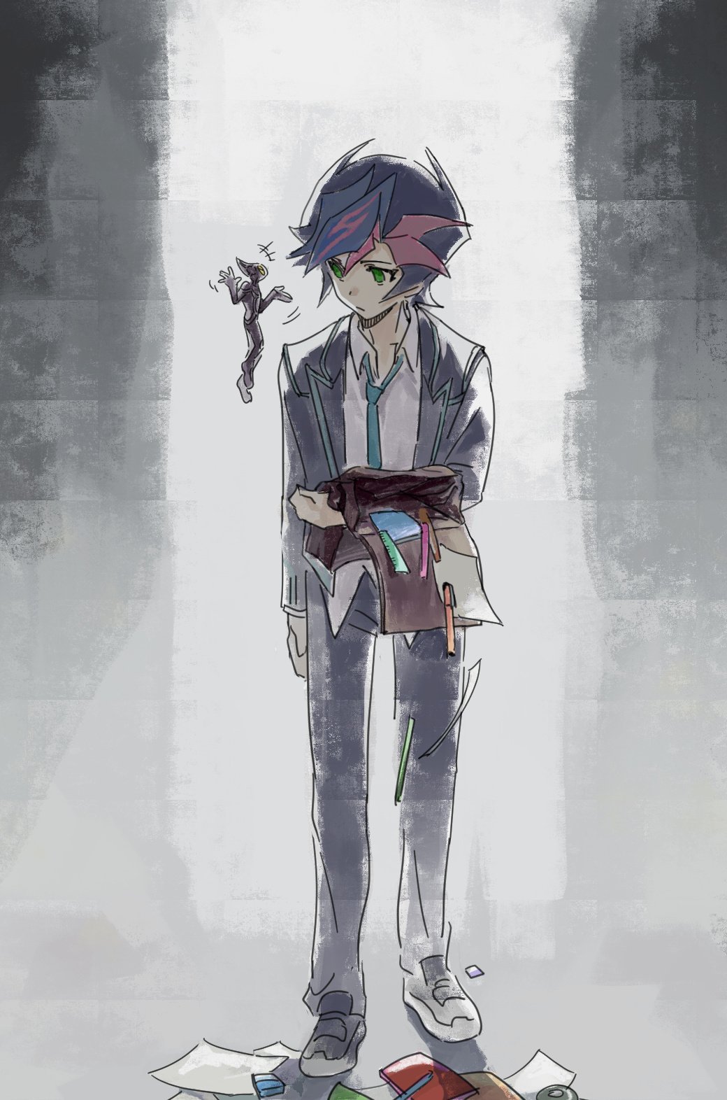 1boy 1other ai_(yu-gi-oh!) arm_at_side black_jacket black_pants black_shoes blazer blue_hair blue_necktie brown_jacket colored_bangs dappled_sunlight dress_shirt empty_eyes facing_another facing_to_the_side facing_viewer floating fujiki_yusaku green_eyes grey_background highres holding holding_jacket holding_unworn_clothes humanoid_robot indoors jacket looking_at_another loose_necktie male_focus necktie notebook notepad novale110 open_clothes open_jacket outdoors outstretched_arms pants paper pen pencil robot ruler school_uniform shirt shoes spiked_hair sunlight talking untucked_shirt unworn_jacket white_shirt yu-gi-oh! yu-gi-oh!_vrains