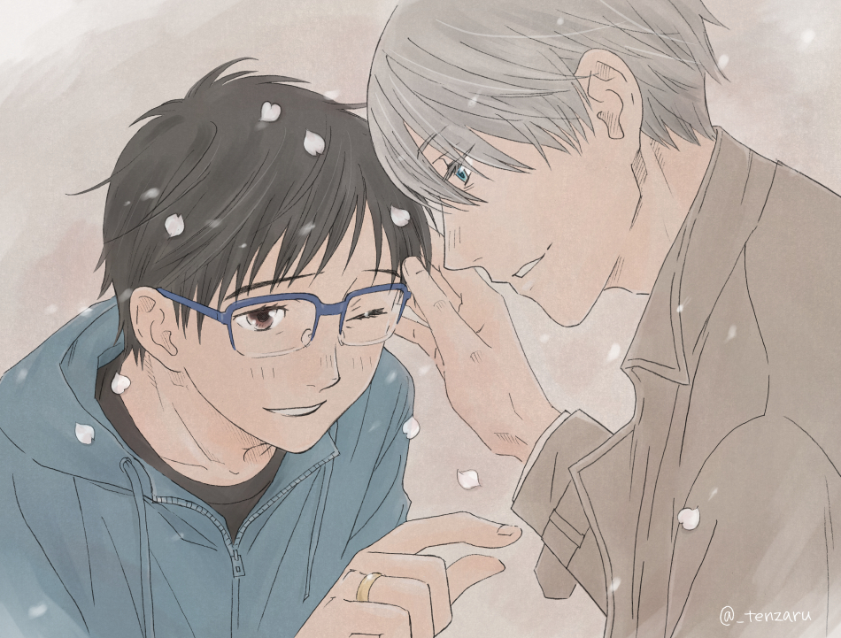 10s 2boys black_hair blue-framed_eyewear blue_eyes brown_eyes glasses hood jewelry katsuki_yuuri male_focus multiple_boys open_mouth petals ring silver_hair smile tenzaru_(22773236) viktor_nikiforov yuri!!!_on_ice