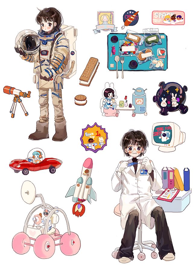 5girls :o astronaut backpack badge bag black_pants black_shirt blue_hair blue_shirt blush_stickers book boots brown-framed_eyewear brown_eyes brown_footwear brown_hair car chair clenched_teeth clipboard coat collared_coat driving food full_body glasses gloves headphones helmet holding holding_helmet ice_cream ice_cream_sandwich kneeling lab_coat layered_sleeves long_sleeves loose_hair_strand motor_vehicle multiple_girls name_tag no_shoes office_chair open_mouth original pants parted_lips pink_pants planetary_rover putong_xiao_gou robot rocket round_eyewear scientist shirt shoes sitting smile socks spacesuit striped_clothes striped_shirt sweat swivel_chair teeth telescope two-tone_shirt unworn_headwear wavy_mouth white_background white_bag white_coat white_footwear white_gloves white_headwear white_shirt white_socks